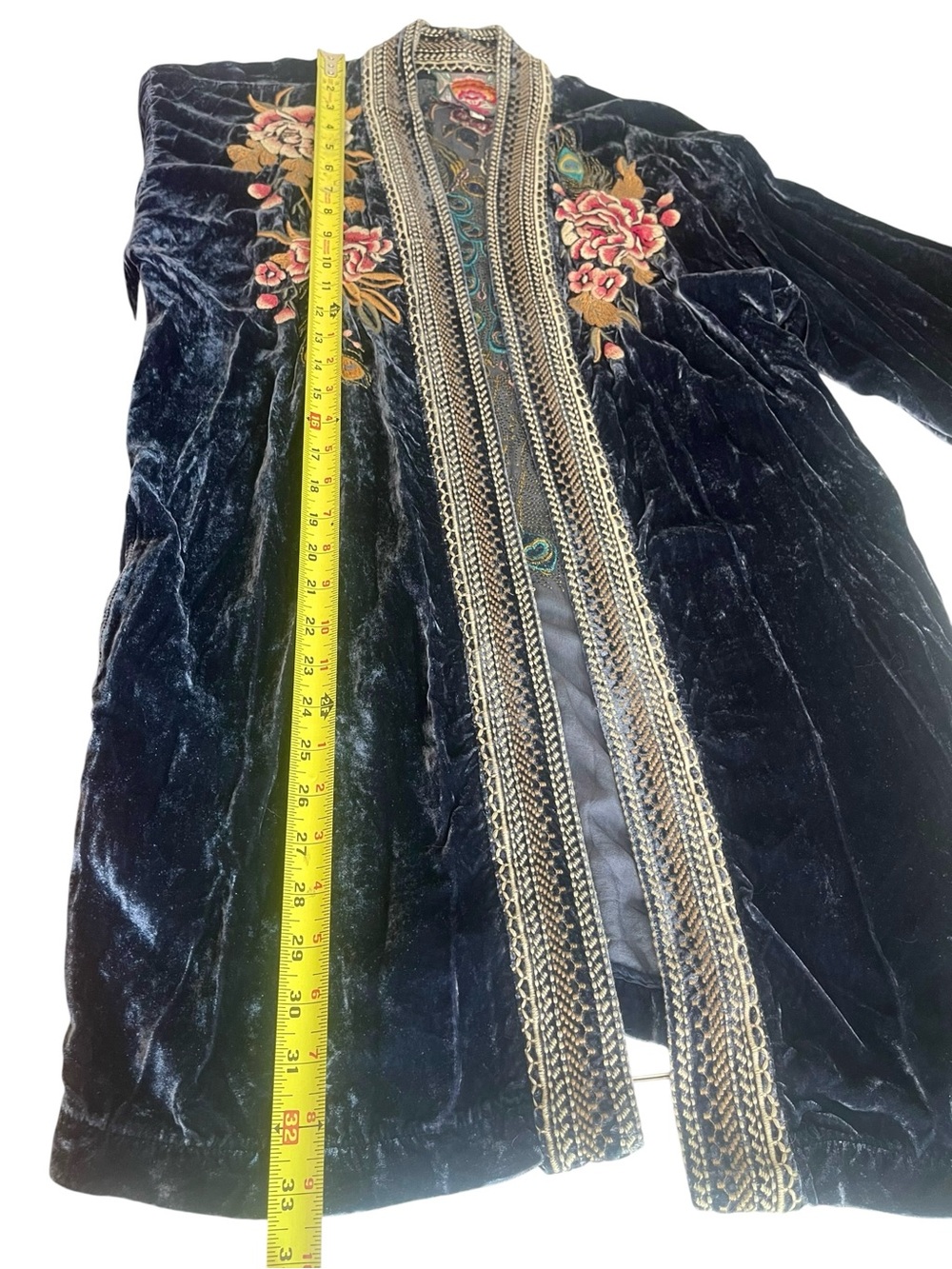 Johnny Was Quito Velvet Silk Navy Blue Kimono Duster Peacock Embroidered Sz S - Picture 16 of 16